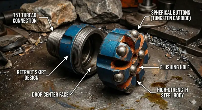 Diagrama de estructura de la broca de botón T51 Thread Retrac