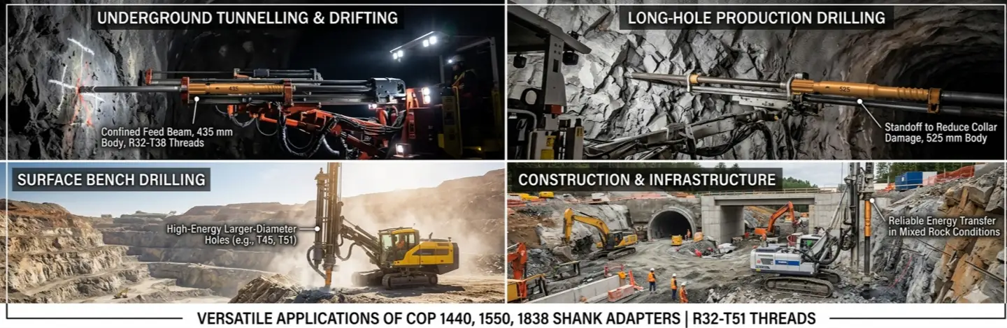 Aplicaciones del adaptador de mango R32 T38 T45 T51 para Cop 1440 1550 1838