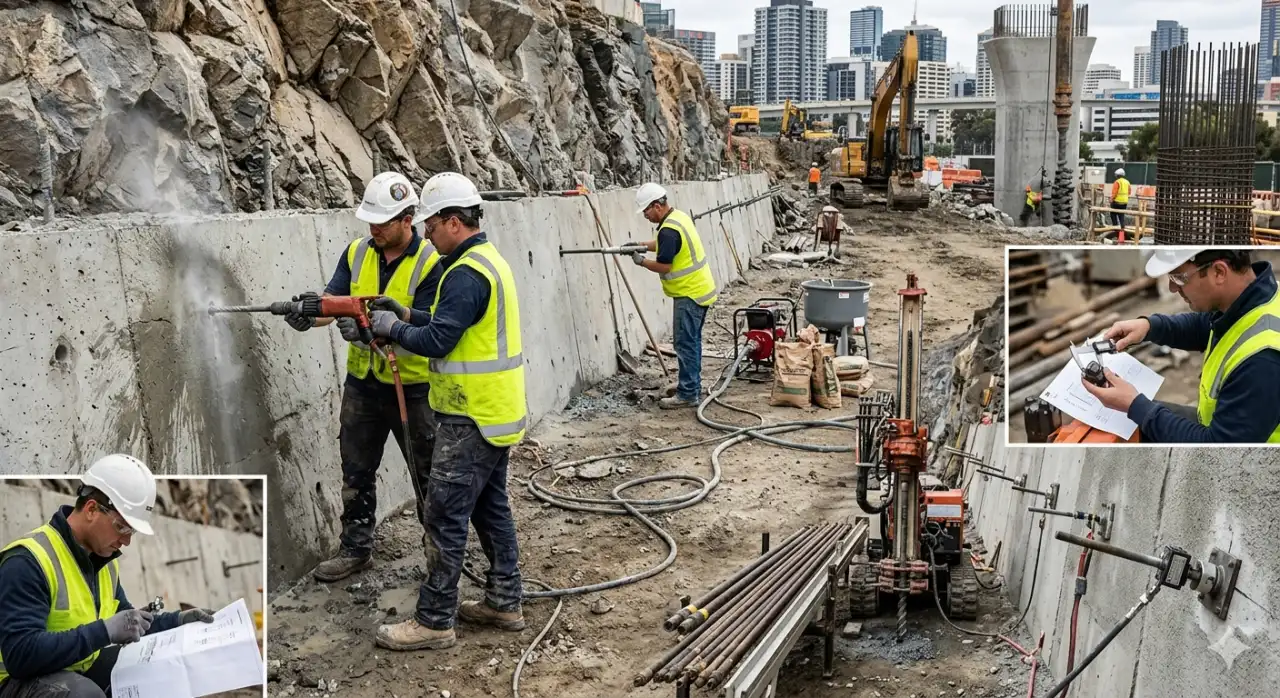 Perforación de cimientos e instalación de anclajes de roca